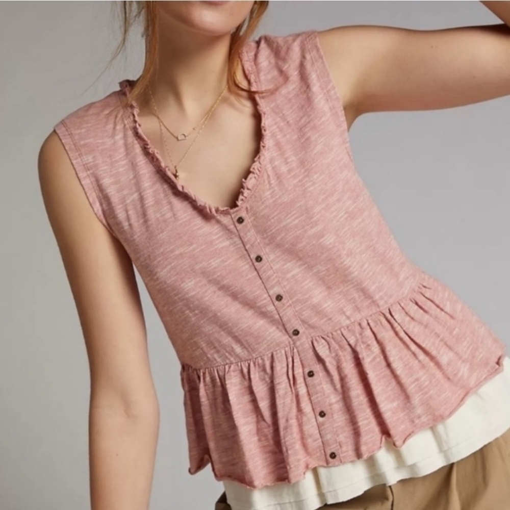 Anthropologie Pilcro Chrissy Babydoll Ruffle V Neck Layered Button Down Top XS